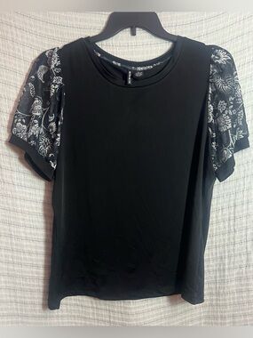 Kristin Nicole Black Top with Sheer Floral Puff Sleeves